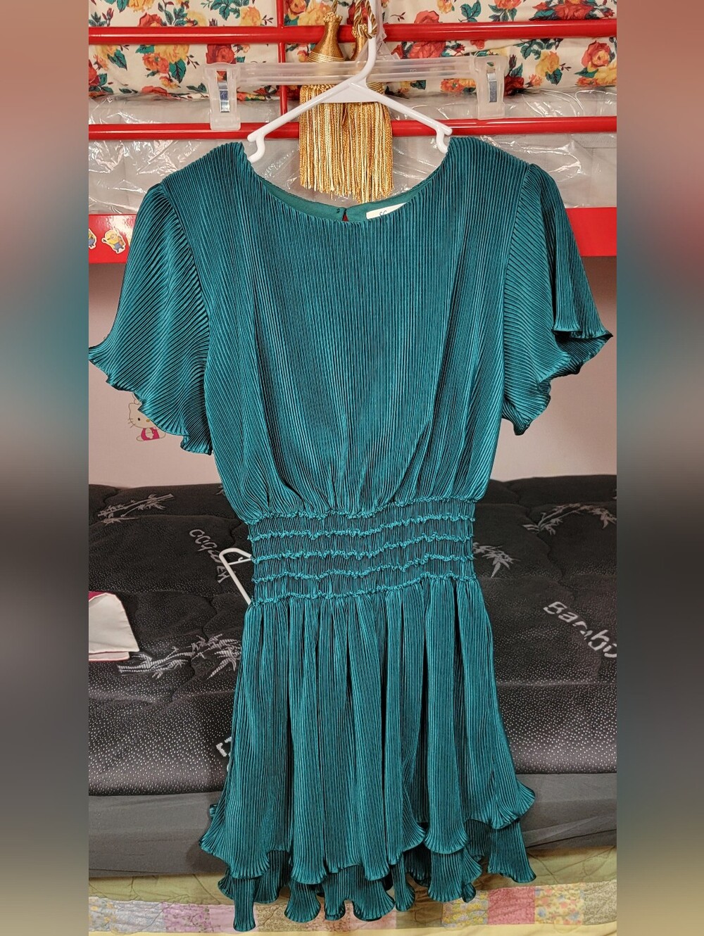 She + Sky Women's Teal Pleated Smocked Waist Dress Size Small